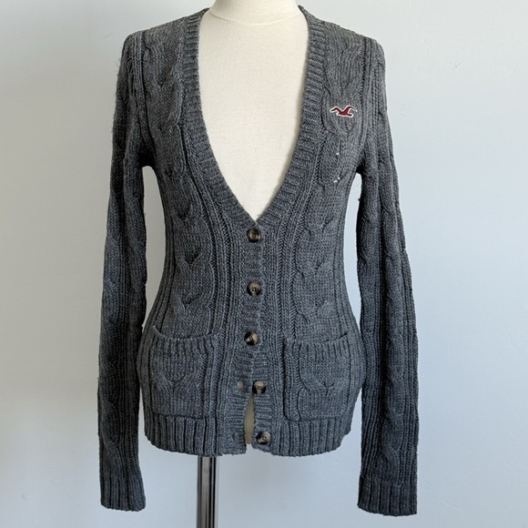 Hollister Sweaters - VTG Y2K Hollister Cardigan Sweater Grey Cable Knit M Prep College